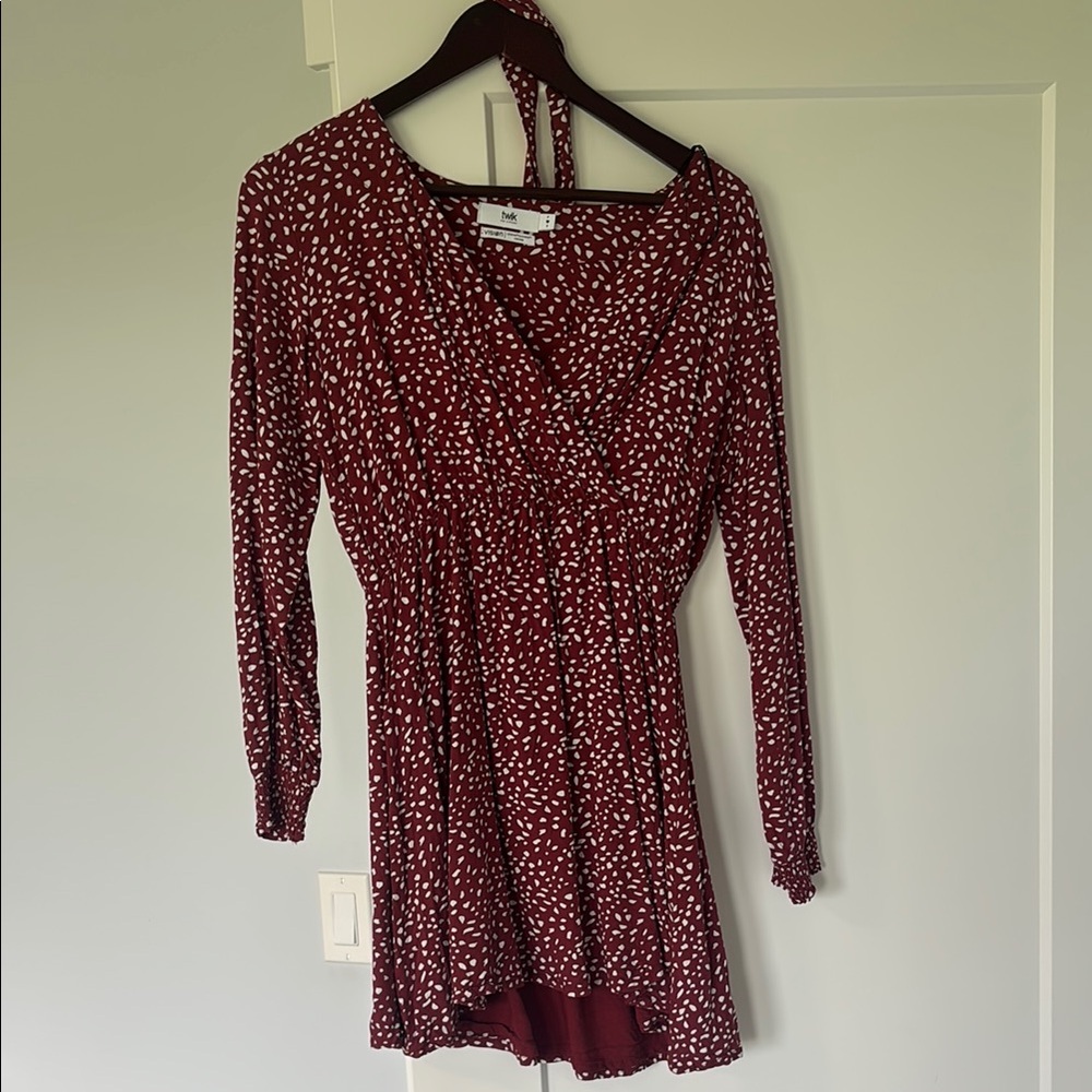 Simons Burgundy Long Sleeve Mini Dress with White Dot Print